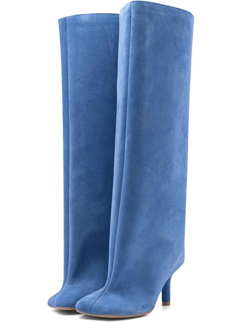 Women's Blue Comfortable Pull On Stiletto Heels Square Toe Long Booties